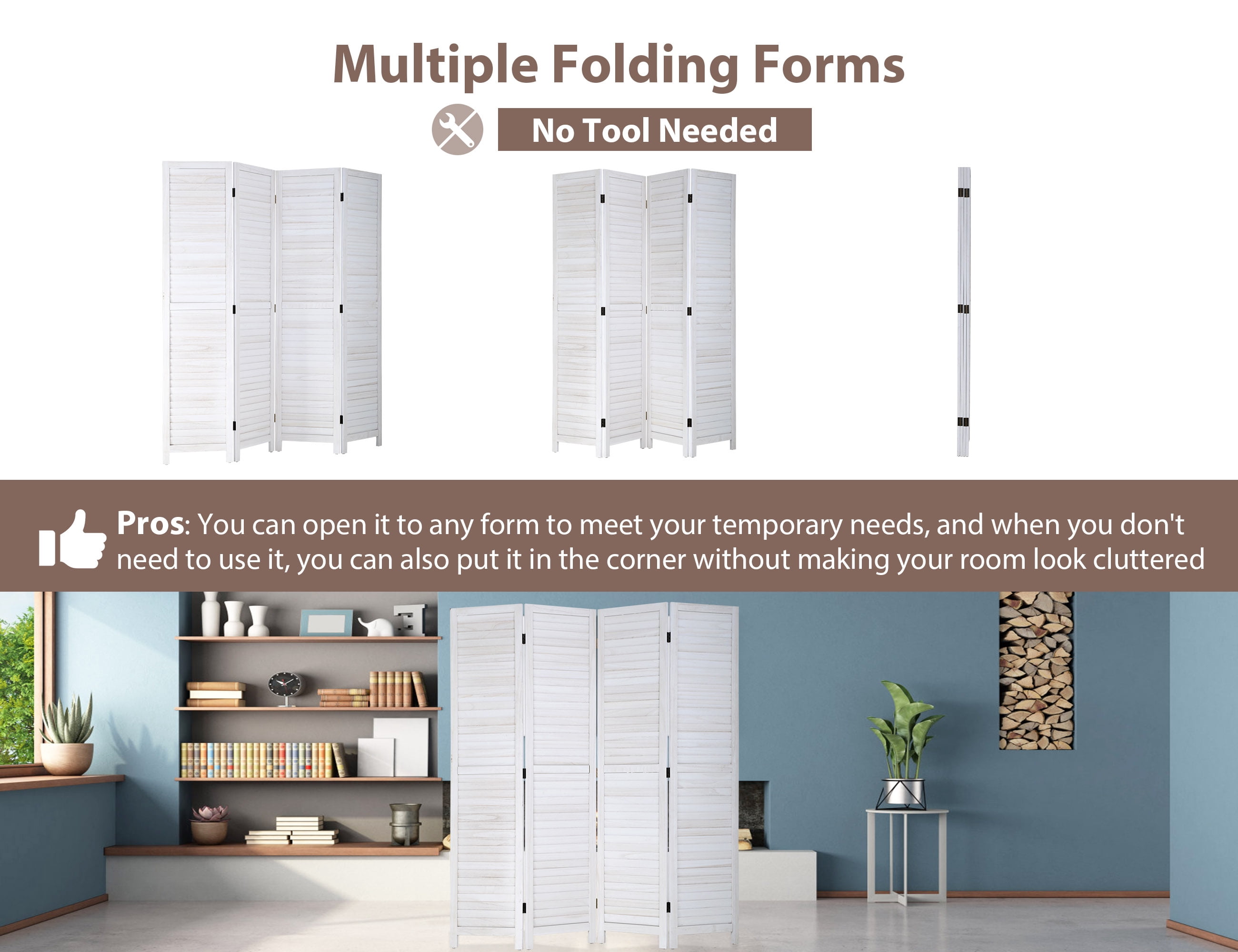 YRLLENSDAN 4 Panel Wood Room Divider White 5.6 Ft Tall Privacy Wall Divider 66.9" x 15.75" Each Panel Folding Wood Screen for Home Office Bedroom Restaurant (White)