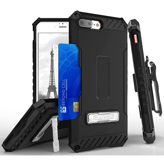 BLACK/BLACK TRI-SHIELD RUGGED CASE with KICKSTAND and CREDIT CARD WALLET SLOT BELT CLIP HOLSTER LANYARD STRAP FOR APPLE iPHONE 7/8 PLUS