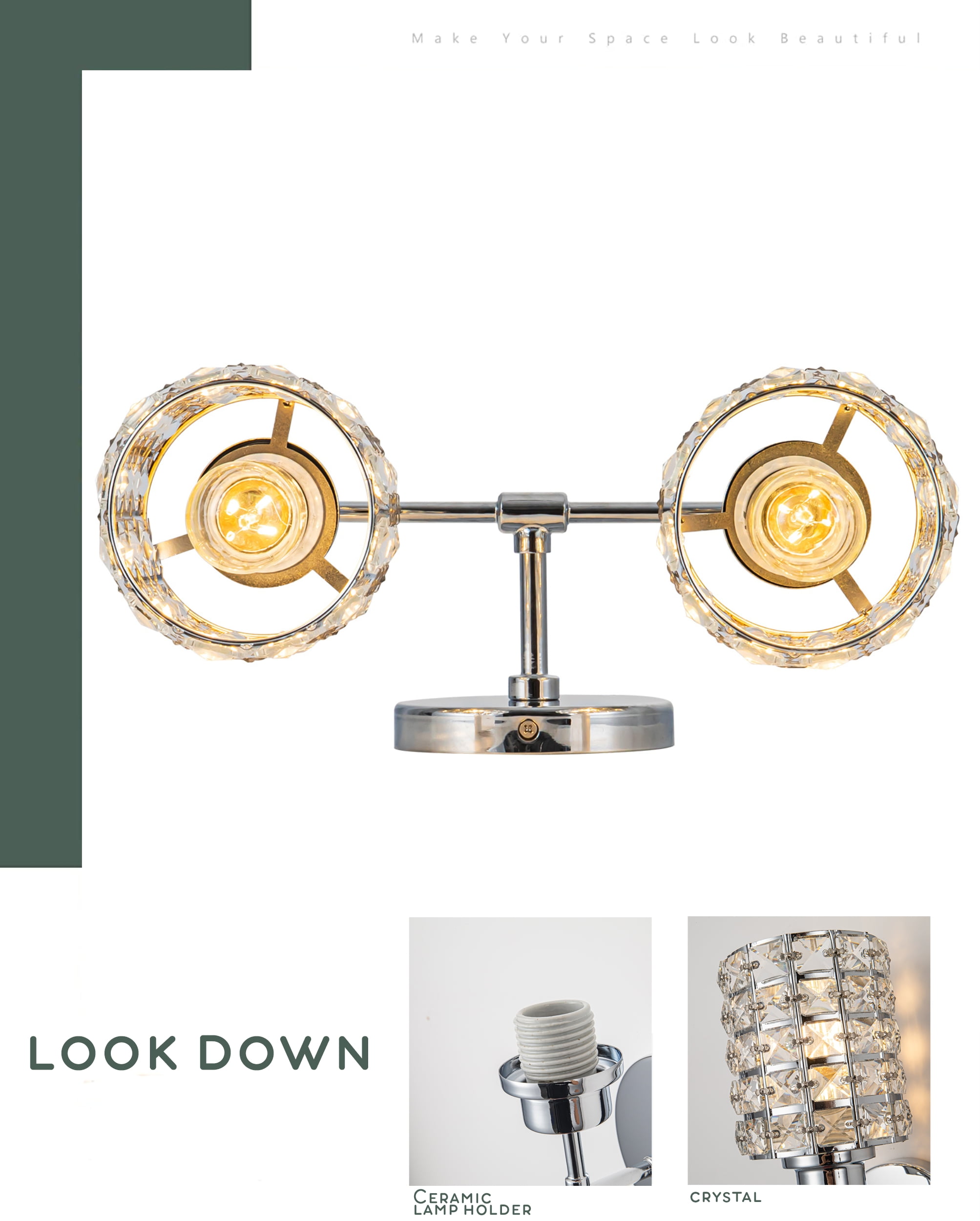 2-Lights Vanity Lights, Crystal Bathroom Light Fixtures Over Mirror Indoor Lighting Matte Black with Crystal Shades for Makeup & Dressing Table Foyer