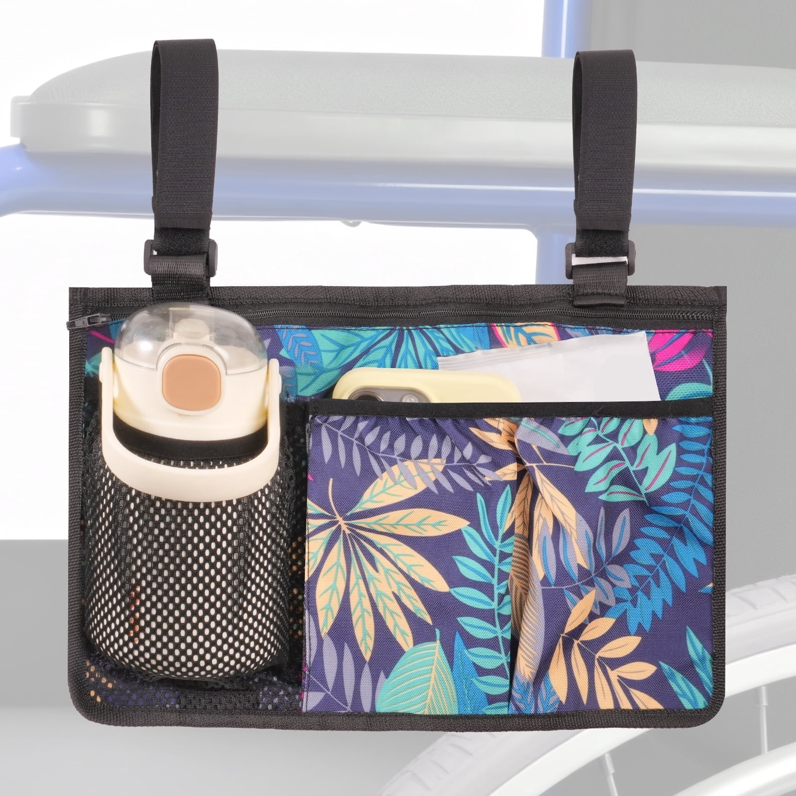 Wheelchair Side Bag, Wheelchairs Armrest Storage Pouch with Multiple Pockets, Durable Wheelchair Bags to Hang on Side for Most Wheelchairs, Walkers & Rollators(Flower)