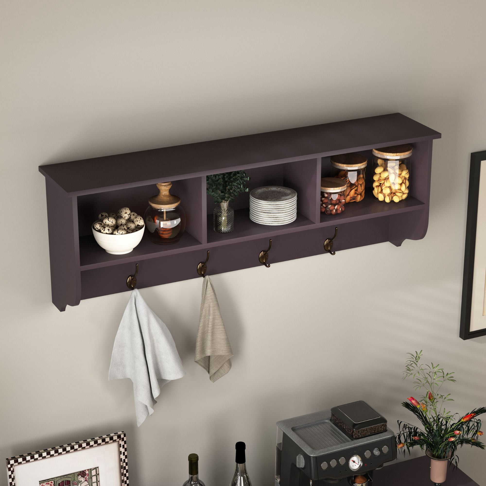 Noble House Wall Mounted Entryway Coat Rack with Storage Shelf and 4 Dual Hooks, MDF Wood, Espresso