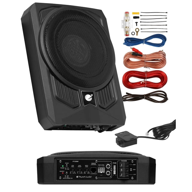 Subwoofer amplificado para automóvil Planet Audio P10AWK: 1000 vatios, perfil bajo, subwoofer de 10 pulgadas, kit de instalación de amplificador de calibre 8 incluido. Ideal para vehículos que necesit