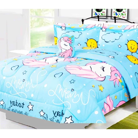 Gorgeous Home Linen Reversible Unicorn #4 Baby Blue Full Comforter 8-Piece Bedding Set