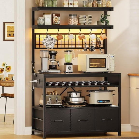 Bakers Rack with Power Outlet, 6-Tier Coffee Bar, Microwave Stand with Wine Rack, LED Lights and 10 Hooks, Bakers Racks for Kitchens with Storage, Black
