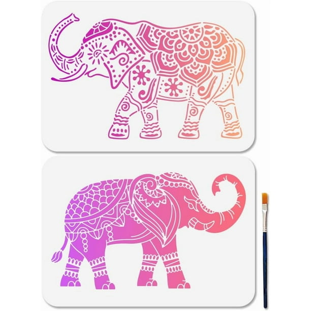 2 plantillas con diseño de mandala de elefante (29,7 x 21 cm), reutilizables, para pintar y dibujar flores. Incluyen pincel.