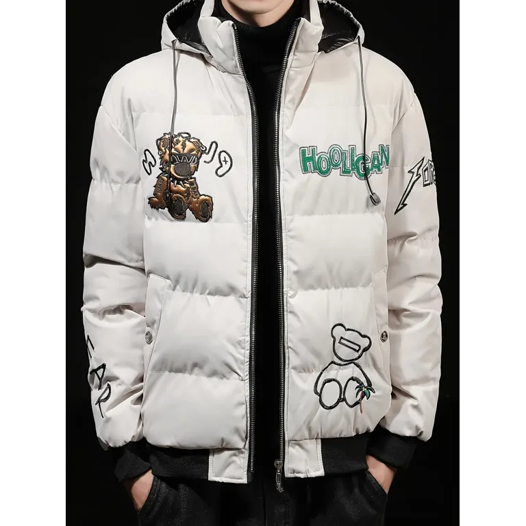 Men's 3d Embroidery Thick Winter Warm Hooded Cotton-padded Jacket