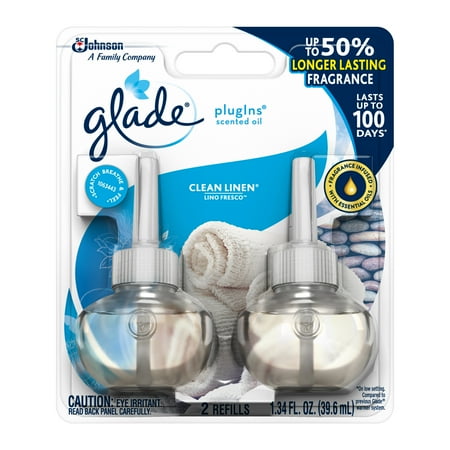 Glade PlugIns Scented Oil Refill Clean Linen, Essential Oil Infused Wall Plug In, Up to 100 Days of Continuous Fragrance, 1.34 oz, Pack of