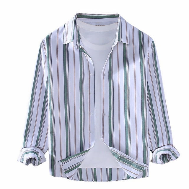 Camisas Para Hombre Manga Larga Negra Camisa de hombre Moda Tendencia Suelta Cuello cuadrado Camisa casual a rayas (Green, XL)