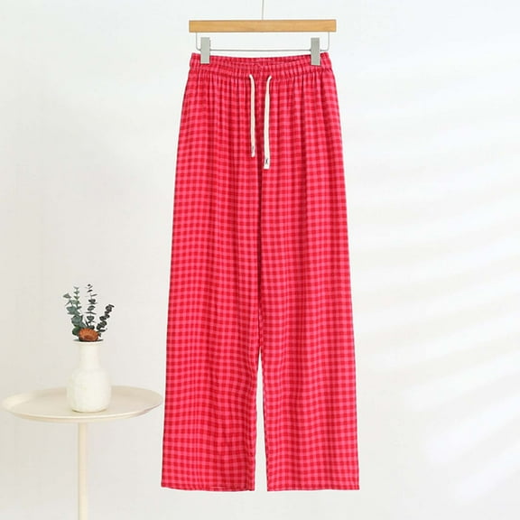 Qulqfy Women Pajama Pants Plus Size Gingham Wide Leg Baggy Red Lounge Comfortable Pants 3XL