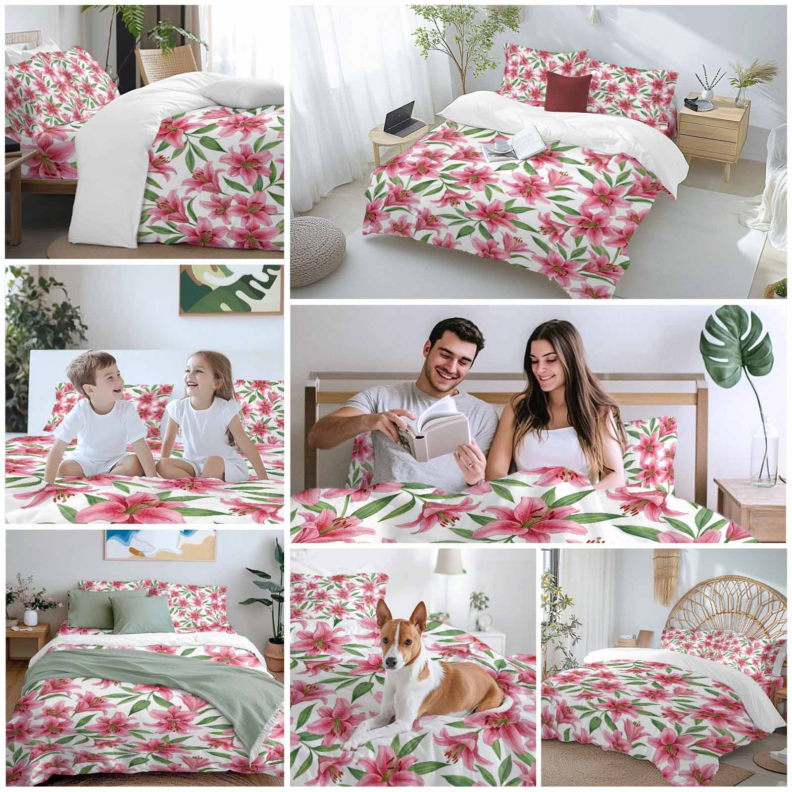 Summer Lily Queen Duvet Cover Set, Watercolor Pink Flower Pastoral Style 4 Piece Microfiber Bedding Set with Zipper Closure, Bed Sheet and 2 Pillow Shams, Soft Bedding Cover