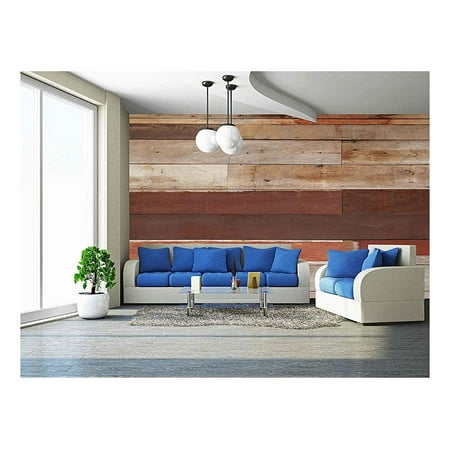 wall26 - Ruin Wood Plank and Red Concrete Wall - Removable Wall Mural | Self-Adhesive Large Wallpaper - 66x96