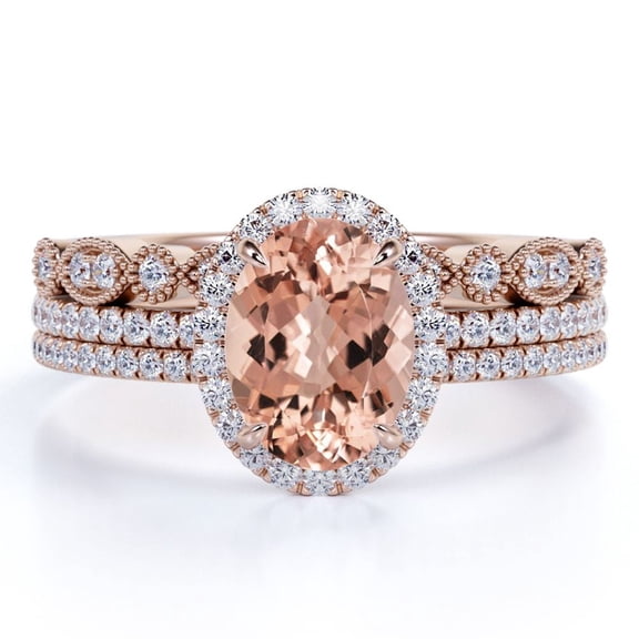 JeenMata 2 Carat Oval Cut Art Deco created morganite and Moissanite Trio Wedding Ring Set in Rose Gold