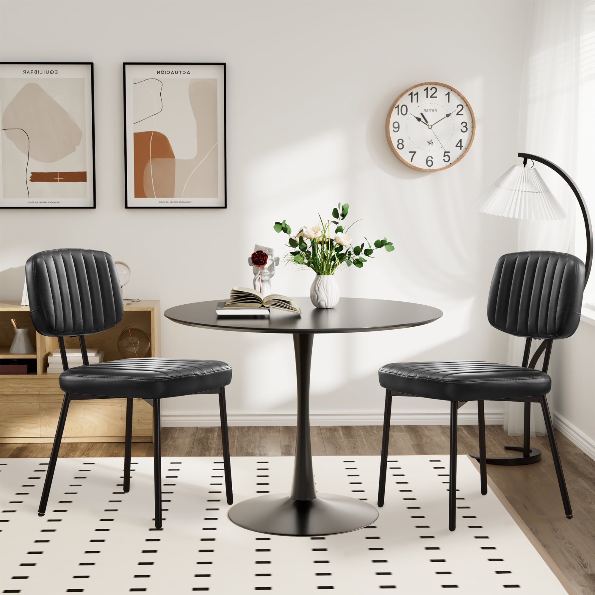 edx Dining Chairs Set of 2, Mid Century Modern Kitchen Chairs with Faux Leather for Kitchen, Living Room, Black