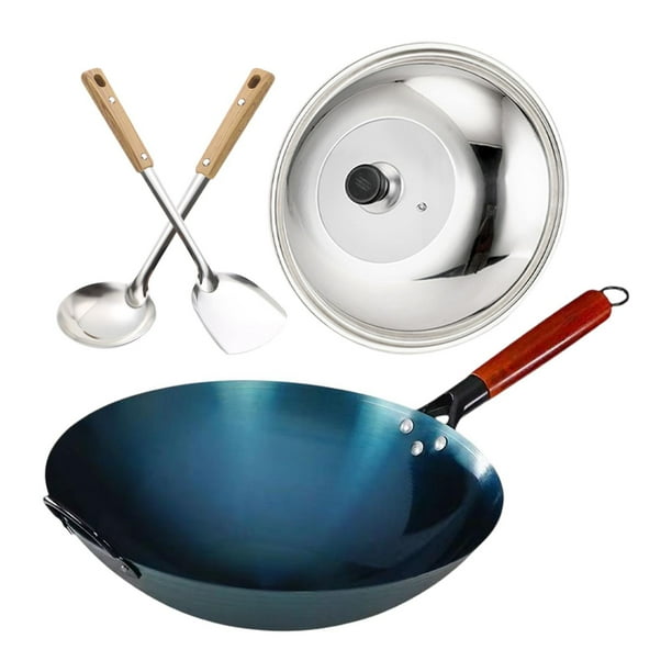 Sartén wok de hierro, sartén para saltear, utensilios de cocina para chef, para gas, mango de madera, antiadherente Diámetro de la olla de 30 cm