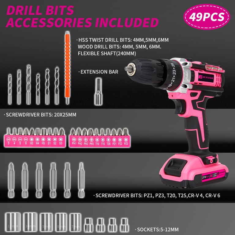 21V Pink Cordless Drill Set – 398 In-Lb Torque, 2.0Ah Battery, 25+3 Torque Settings, 3/8" Metal Chuck, 49-Piece DIY Tool Kit For Women & Home Use