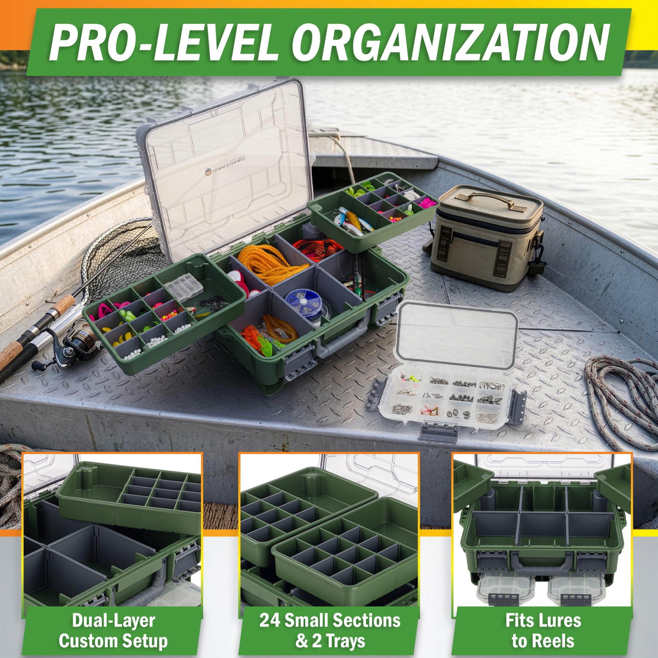 Wakeman Outdoors Fishing Tackle Box Organizer with 2 Removeable Tackle Trays, Green