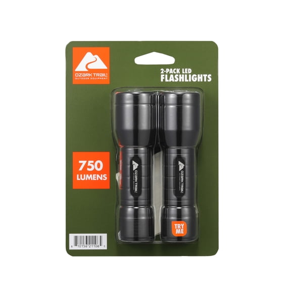 Ozark Trail LED Flashlight, 750 Lumens, IPX4 Water Resistant, 6 Hour Runtime, 2 Pack