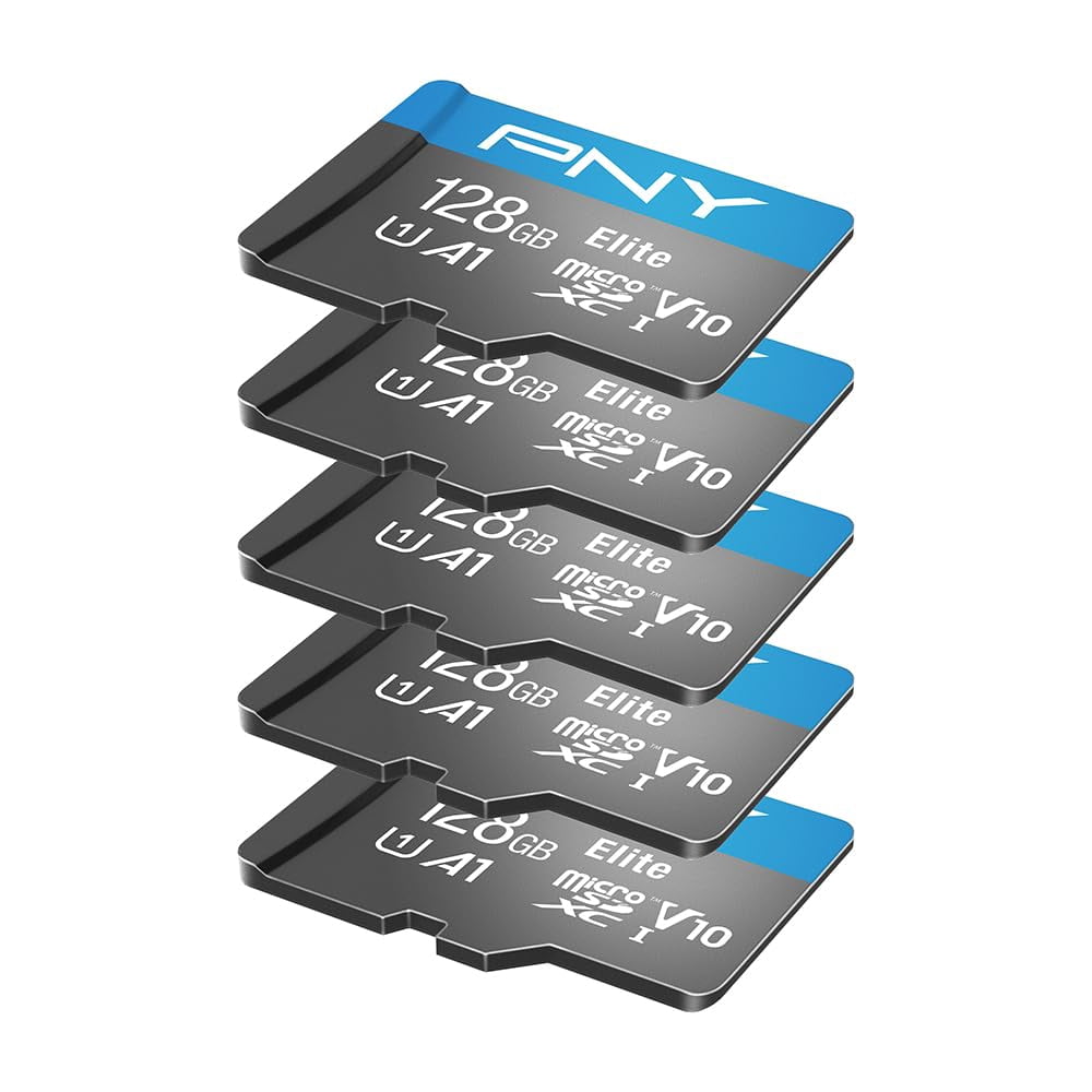 PNY 128B Elite Mobile Accessories Class 10 U1 V10, A1 microSDHC Flash Memory Card for Mobile Devices - 100MB/s, Full HD, UHS-I, micro SD 5-Pack