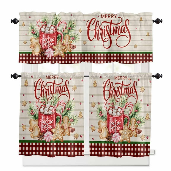 Merry Christmas Kitchen Curtains and Valances Set, Hot Cocoa Gingerbread Man Vintage Plaid Rod Pocket Window Valance 18 Inch Window Curtain Panels for Living Room Bedroom Laundry, 27.5x24in, 3 Pieces