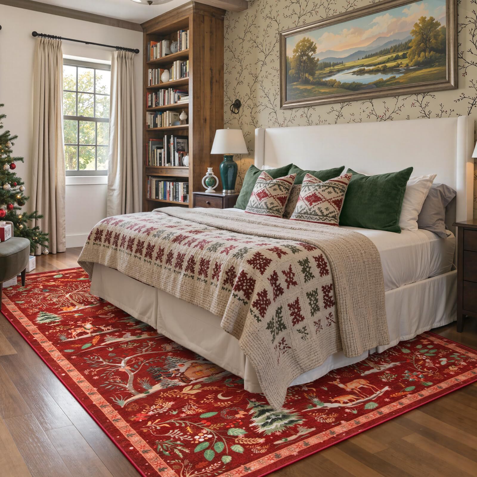 Wonnitar Christmas 8x10 Area Rug, Washable Soft Large Rug for Living Room, Non Slip Low Pile Bedroom Rug Xmas Tree Indoor Floor Carpet for Dining Room Winter Holiday Decor, Red