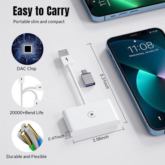CarPlay Wireless Adapter for Factory Wired CarPlay 2024 Upgrade Plug & Play Dongle Converts Wired to Wireless for Cars from 2015 & iPhone iOS 10