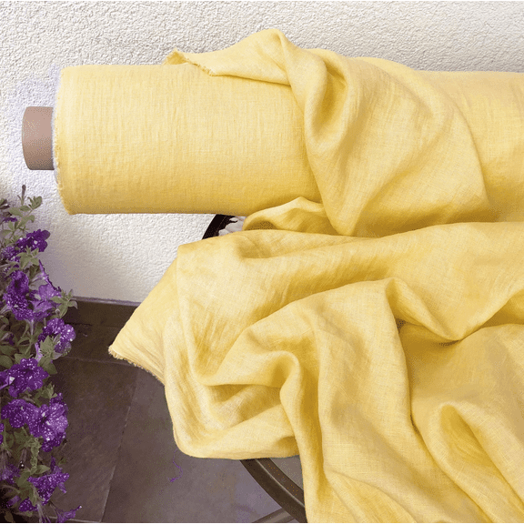 Banana Yellow Pure Linen Fabric by the Yard – Natural Medium Weight Linen (160 GSM) for Apparel, Curtains, and Home Decor – 58" Wide Softened Flax Fabric – Continuous Cut