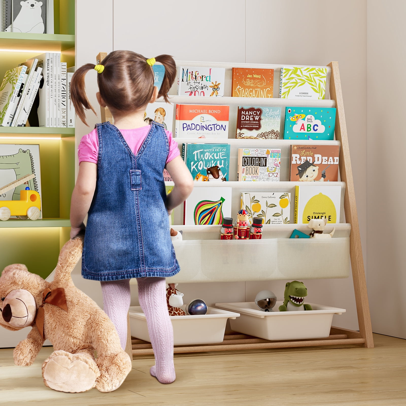 Bookcase, Bookshelf 4 Sling Book Rack Book Display with Storage Classroom Bookshelf 4 Tier Beige