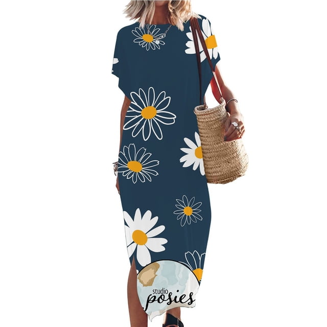 SMihono Robe Maxi Boho d'Été pour Femmes Grande Taille Robe Maxi pour Femmes Vacances à la Plage Décontractée Robe Longue Ample Manches Courtes Robes d'Été avec Fente Robe de Plage