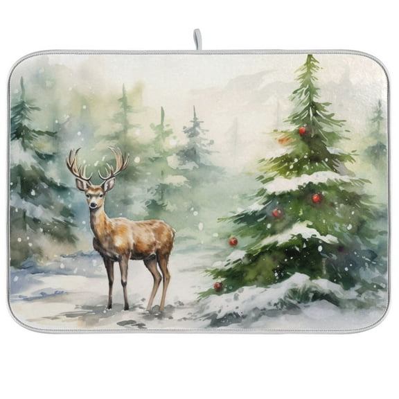 Christmas Trees Deer Snow Dish Drying Mat Dish Drainer Rack Mats Water Absorbent Non-Slip Easy Clean Heat Resistant for Kitchen Counter