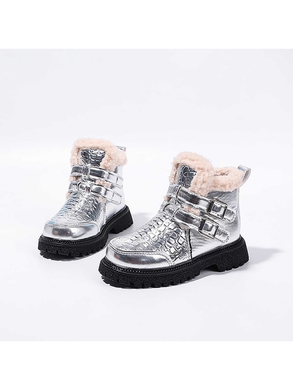 Girls Winter Boots, Kids Fleece Lined Ankle Boots, Faux Faux Leather Croc Embossed with Double Buckle, Silver,Size 29