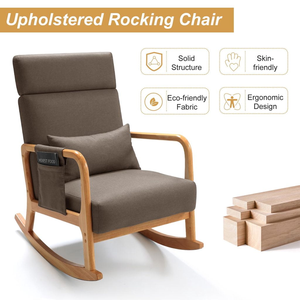 Solid Wood Rocking Chair, Nursery Upholstered Glider Rocker, Rocking Accent Chair with High Backrest, Pillow and Magazine Side Pocket for Living Room Bedroom Study(Set of 2, Brown)