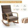 thumbnail image 4 of Solid Wood Rocking Chair, Nursery Upholstered Glider Rocker, Rocking Accent Chair with High Backrest, Pillow and Magazine Side Pocket for Living Room Bedroom Study(1, Brown), 4 of 9
