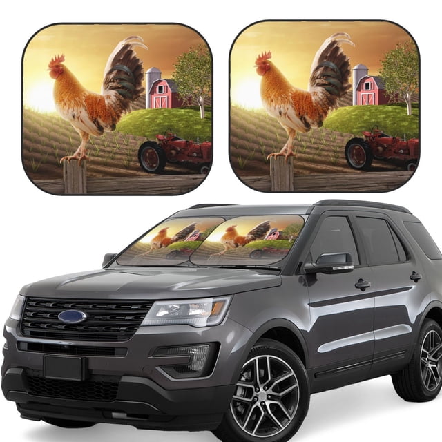 Saiise Country Farm Morning Rooster for Foldable Car Sun Shades (2-Pack) Offer Sun Protection with an Easy-fold Design for Convenient Windshield Shading-Small