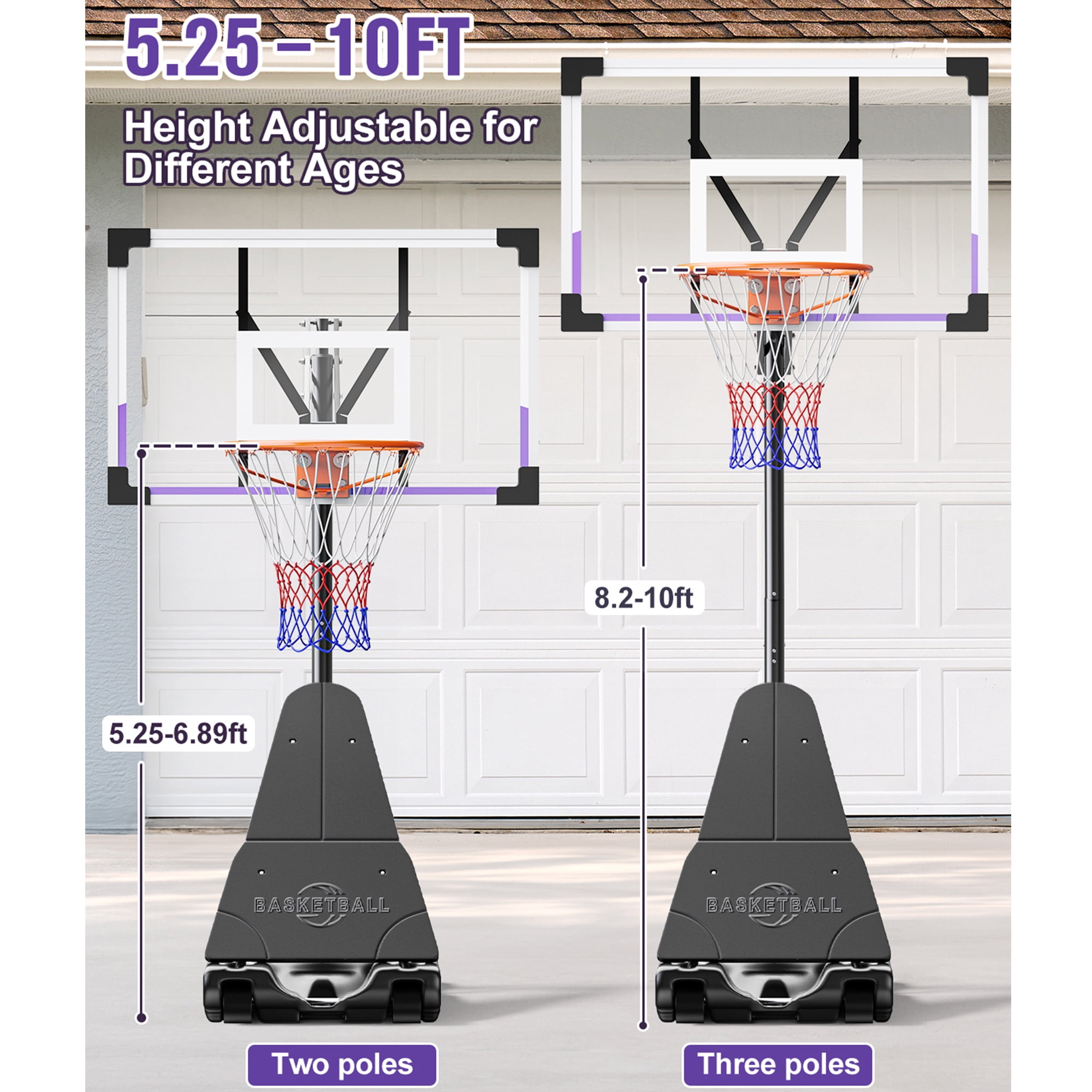 Toremore 48 Inch Portable Basketball Hoop, 5.25-10FT Adjustable Basketball Hoop with PC Backboard, Basketball Hoops & Goals for Kids/Teens/Adults in Backyard, Driveway & Indoor