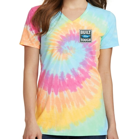 Womens "Built Ford Tough" Tie Dye Tee - Pastel Rainbow, Large