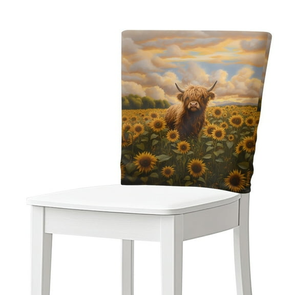 TSOVTHRID Highland Cattle Sunflower Print Chair Back Cover Elastic Washable Dining Kitchen Chair Cover Stretchable Thick Chair Slipcovers for Home Dining Room Banquet Party, Set of 1