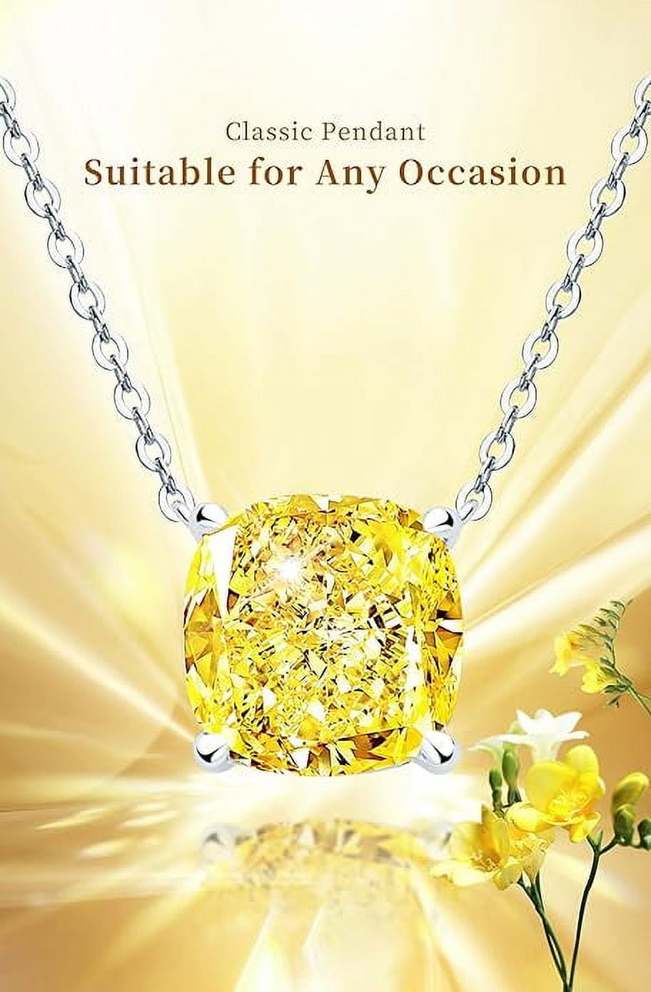 AINUOSHI Necklace for Women, 5 CT Yellow Cushion Lab Simulated Diamond Pendant,  925 Sterling Silver with 18K White Gold Plating