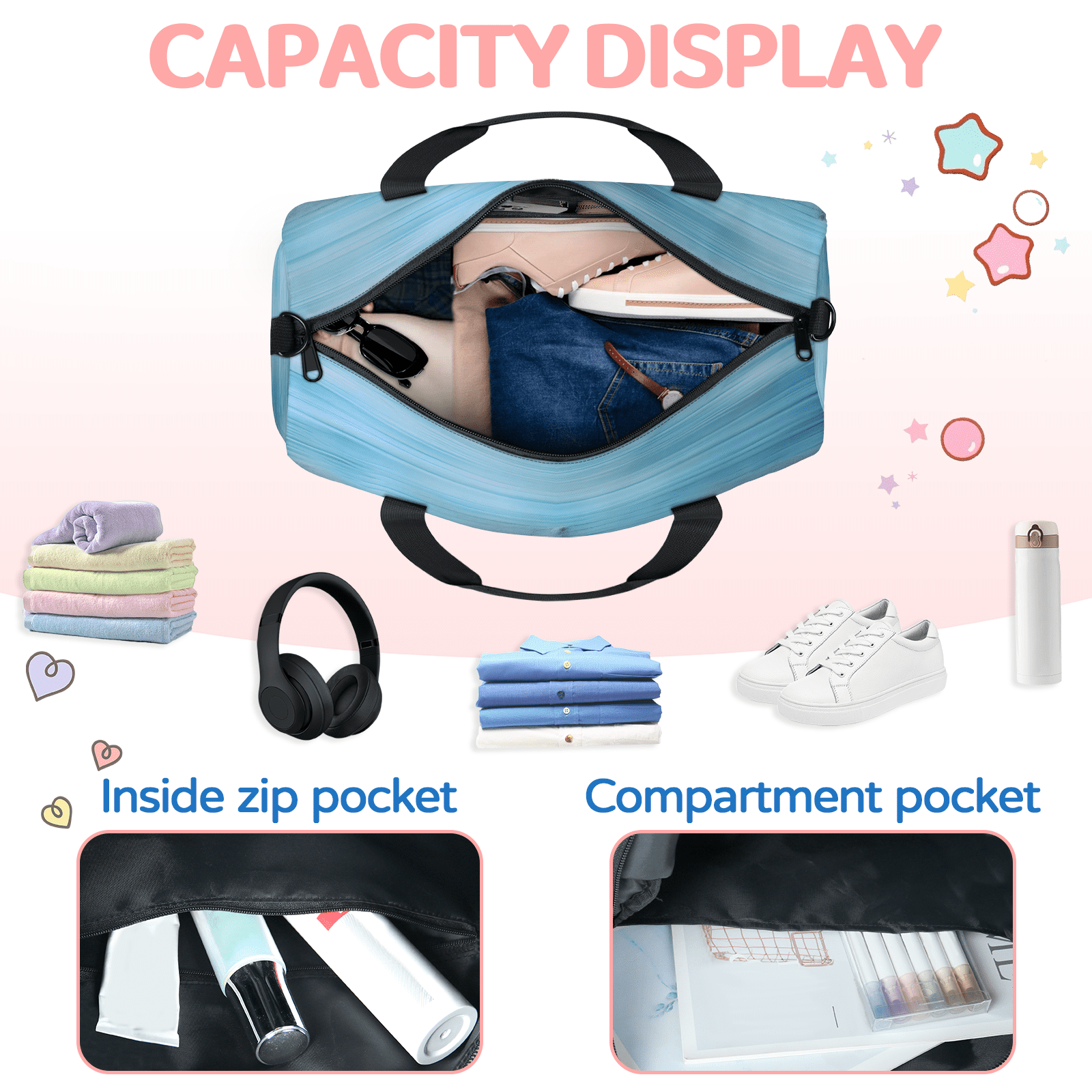 Herdesigns Blue Ocean Starfish Seashell Travel Duffle Bag Sports Yoga Weekender Overnight Carry on Workout Bags Lightweight Waterproof Gym Tote Bag for Women
