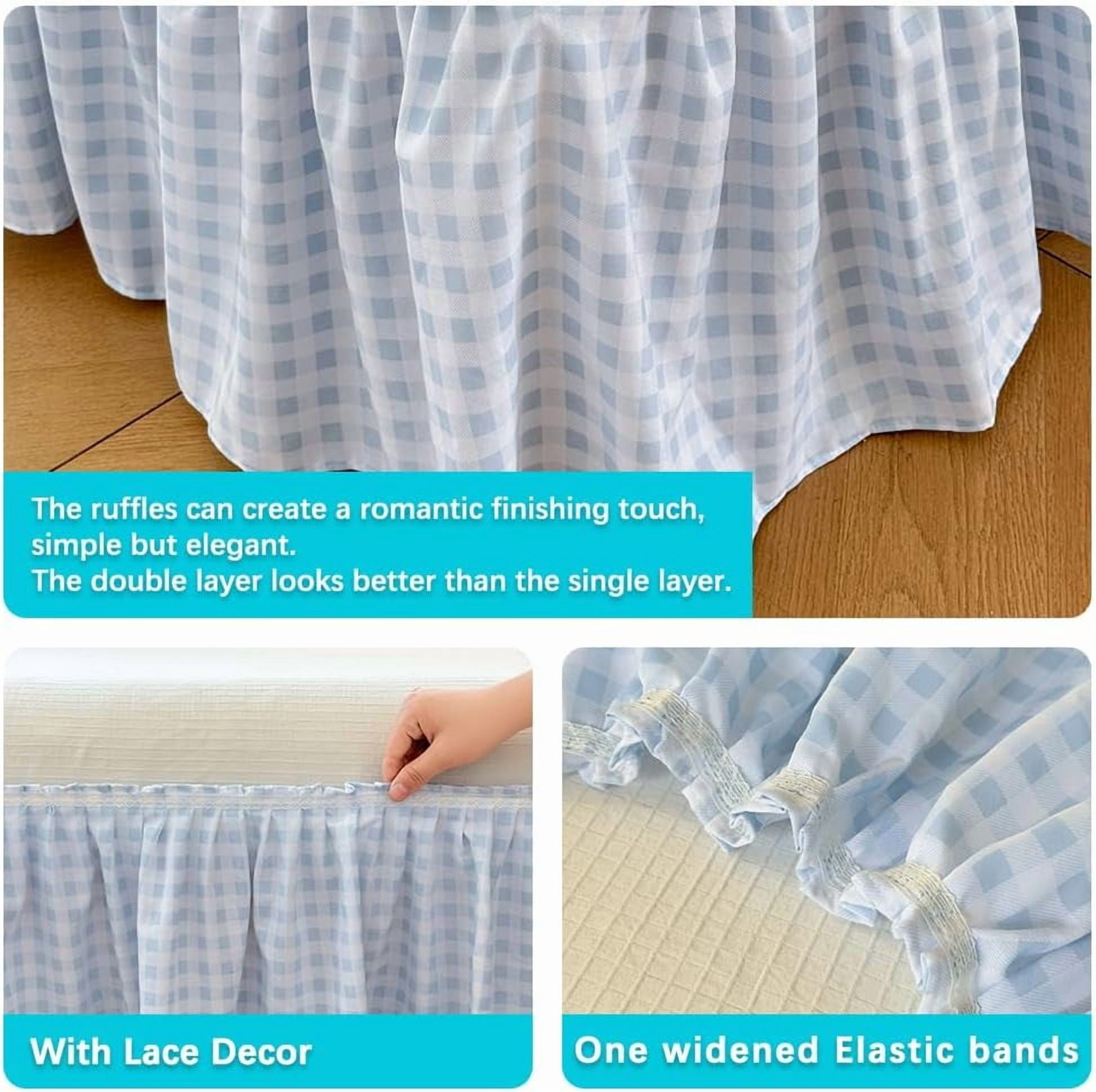 Blue Gingham Wrap Around Ruffled Bed Skirt with Lace Decor, Plaid Grid Adjustable Elastic Dust Ruffles for Queen Bed, 15 Inch Drop Farmhouse Cottage Pleated Bed Frame Cover(Blue Gingham, Queen)