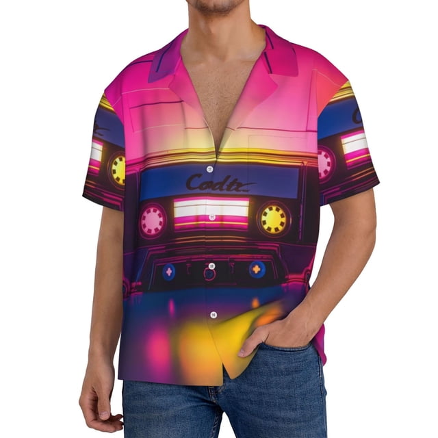 Fotbe Neon Cassette Tape Camisa Estampada de Manga Corta para Hombre, Casual de Verano, Estilo Playero, Sin Arrugas-3X-Large