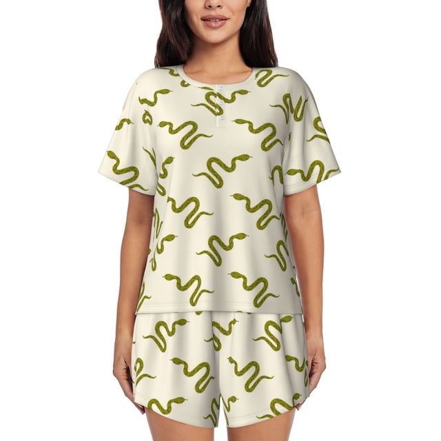 Fotbe Green Snake Conjunto de Pijama Estampado para Mujer, 2 Piezas, Ropa de Dormir con Camiseta de Manga Corta y Shorts Suaves-X-Large
