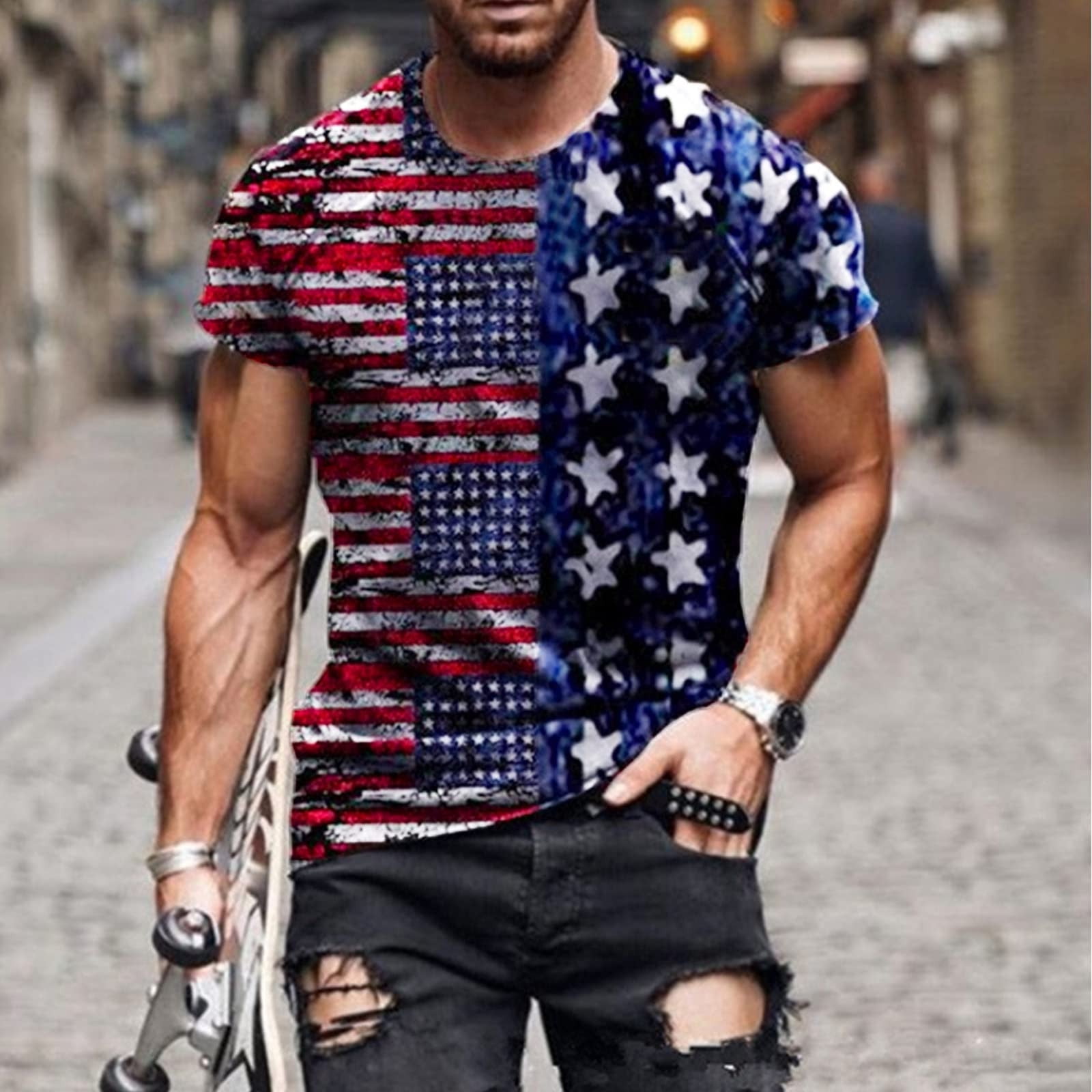 jsaierl Independence Day Shirts for Men Patriotic American Flag Print ...