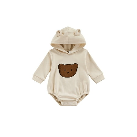 

Kiapeise Baby Cartoon Bear Embroidery Round Neck Long Sleeve Hooded Romper