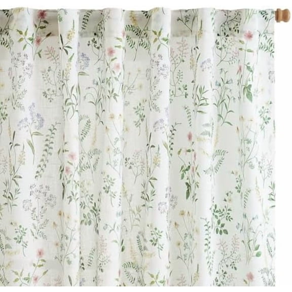 Green Floral Curtains 63 Inch Length Linen Farmhouse Curtain Back Tab Drapes for Living Room Bedroom Light Filtering Vintage Rod Pocket Curtains, 2 Panels, Green on White