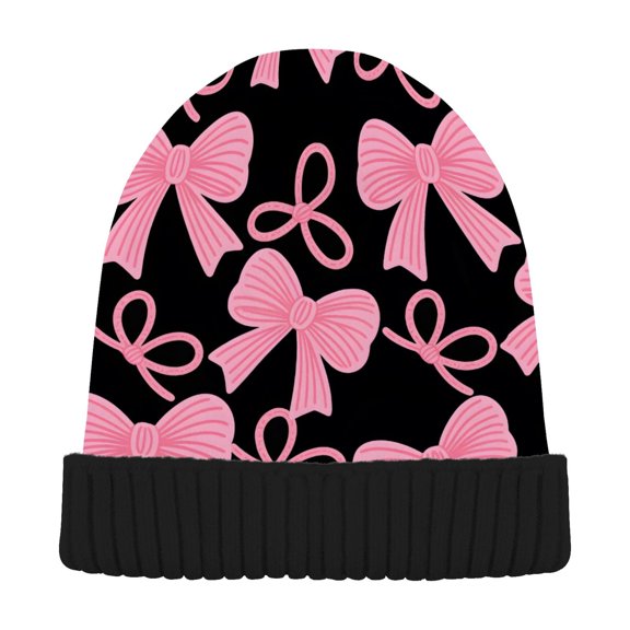 joogoo Pink Bows Beanie Hats Cuffed Winter Warm Knit Thick Beanies