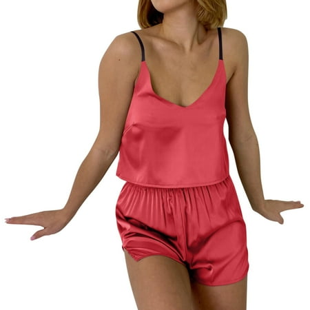 

Womens Summer Pajamas Sets Solid V Neck Thin Suspenders Open Navel Short Vest Shorts Secret Treasures Sleepwear Red M