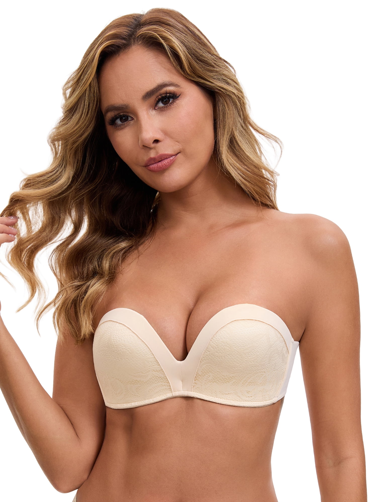 DARING DIVA Women's Deep V Strapless Wireless Demi Bandeau Lace Top Push-Up Bra 38C White