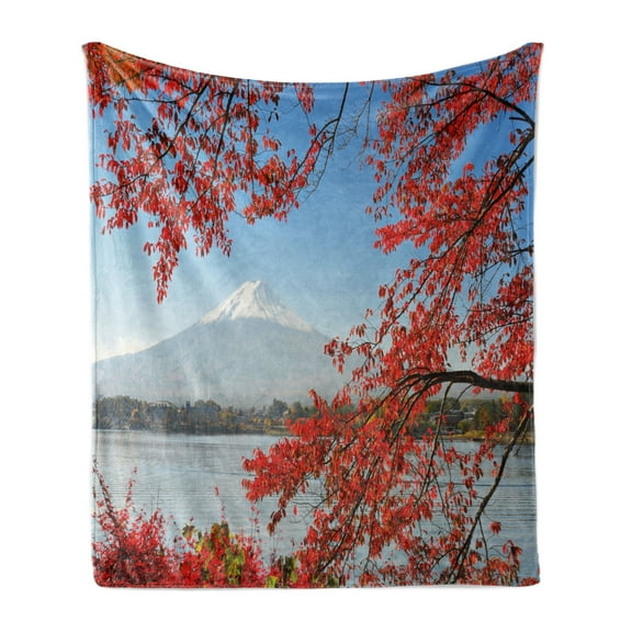 Mountain Soft Flannel Fleece Throw Blanket, Far Away View of a Mountainous Area in Autumn, Cozy Plush for Indoor and Outdoor Use, 50" x 70", Vermilion Pale Sky Blue, by Ambesonne