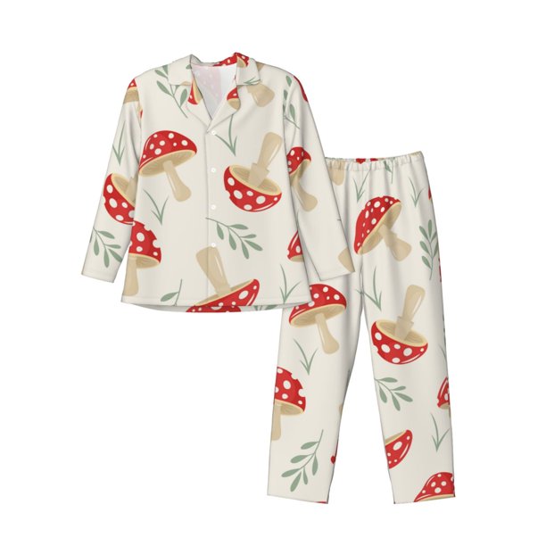 Balery Cartoon Flat Mushrooms Pijama para Hombre de Dos Piezas con Manga Larga, Conjunto de Dormir y Descanso Suave con Bolsillos-Small