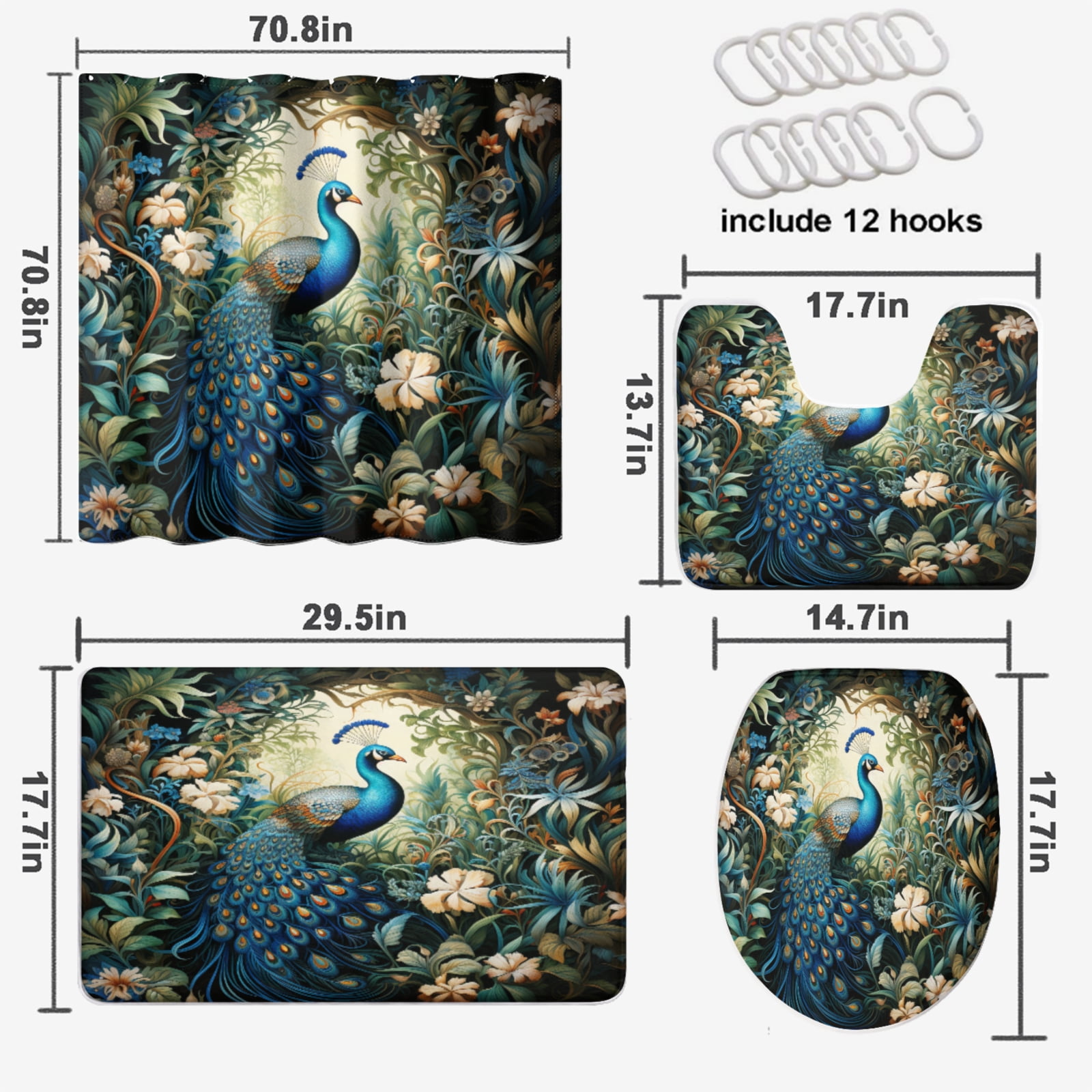 Peacock 4 Pieces Shower Curtain Set with Non-Slip Rug Teal Green Colorful Feather Blue Flower Plant Scenery with 12 Hooks, Bath Mat Set Bathroom Decor by Durable Waterproof Fabric, 72x72 Inch